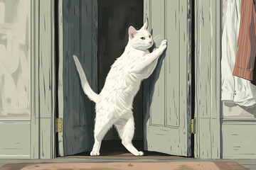 A white cat stands on hind legs in a doorway, reaching for something, cartoon