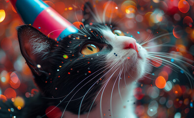 A black and white feline playfully wearing a festive birthday hat while interacting with a balloon