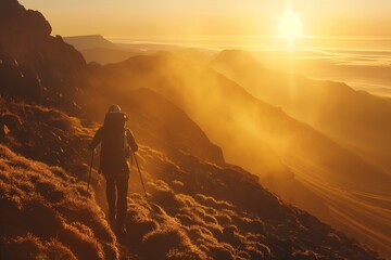 Fototapeta na wymiar Lone Hiker Trekking at Sunset in Majestic Mountain Landscape