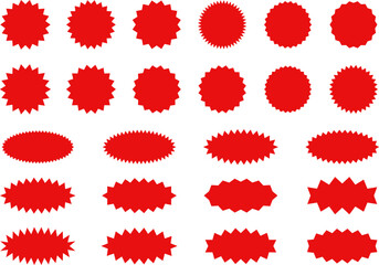 Starburst red sticker set - collection of special offer sale oval and round shaped sunburst labels and badges. Promo stickers with star edges. Vector illustration