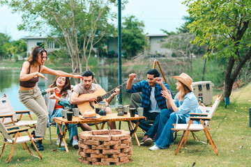 Group of diverse friend having outdoors bbq party together, camping activity lifestyle in summer, cooking fun and happy together with friends or family person group having relax in vacation time
