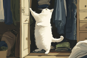 White cat standing on hind legs inside a closet