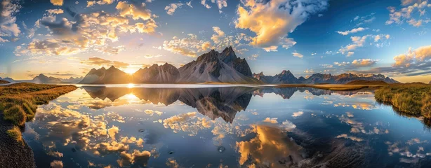 Zelfklevend Fotobehang Reflectie panoramic photography of Vestrahorn mountain in Iceland, reflecting on the water at sunset, with beautiful clouds and sky