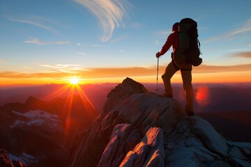 Mountaineer Witnessing First Light of Day on Snowy Summit - obrazy, fototapety, plakaty