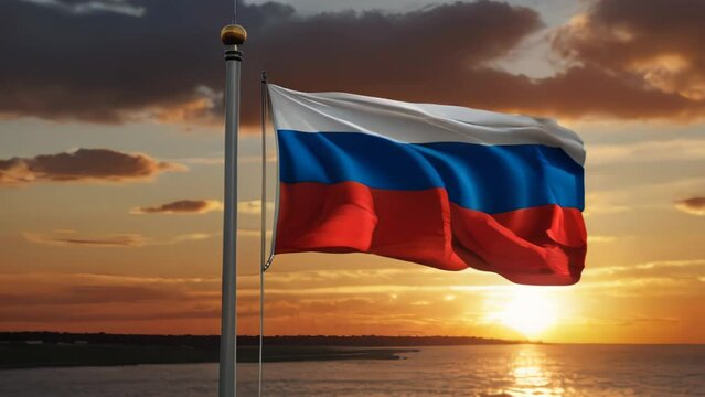 Russian flag on the background of sunset