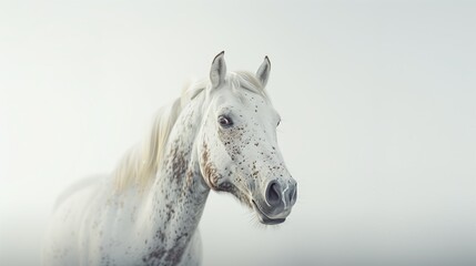 A portrait of an Arabian horse with a white coat and brown spots, looking at the camera in a headshot against a misty grey background. Generated by artificial intelligence.
