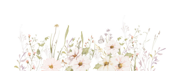 Watercolor Wildflowers border - illustration with delicate flowers, for wedding stationary, greetings, wallpapers, fashion, backgrounds, textures, DIY, wrappers, cards.