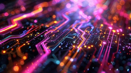 An electrifying close-up of a circuit board with neon pink and blue lights illustrating the vibrant flow of data.. - obrazy, fototapety, plakaty