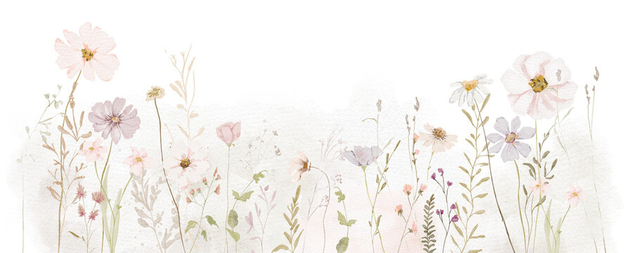 Watercolor Wildflowers border - illustration with delicate flowers, for wedding stationary, greetings, wallpapers, fashion, backgrounds, textures, DIY, wrappers, cards.