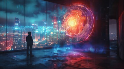 A solitary figure contemplates a holographic interface, overlooking a sprawling neon-lit cityscape in a visionary future..