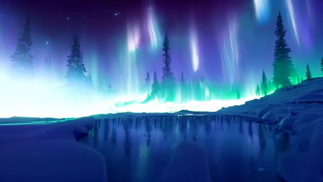 Northern lights over winter forest