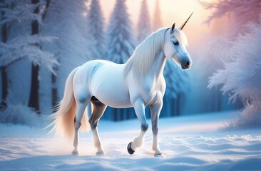 Obraz na płótnie Canvas beautiful unicorn on a winter background 