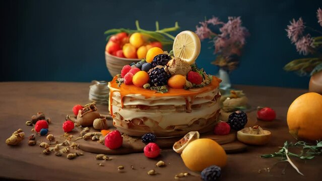 Fruit cake on wooden table