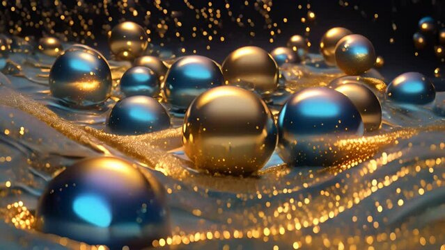 Gold and blue spheres on a shiny background