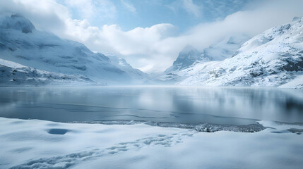 A magical winter scene with snow-capped mountains in the background and a frozen lake reflecting the snowy surroundings