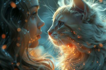 A woman and a cat making eye contact with each other