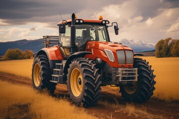 Obraz premium Technology in argiculture concept - modern tractor in the field with neural network