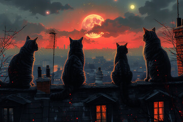 Silhouette of four cats perched on a rooftop at night