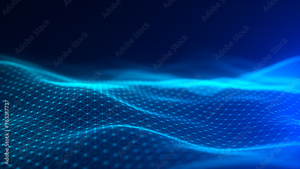 Fototapete Blue wave of particles and lines. Big data visualization. Abstract background with a dynamic wave. 3d rendering.