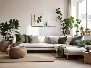 Botanical-Themed Living Room with Natural Light and Plush Sofa