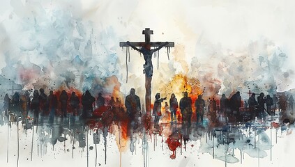 crucifixion of jesus in watercolor illustration - obrazy, fototapety, plakaty