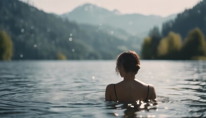 A woman swims in a lake with a mountain in the background