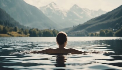 A woman swims in a lake with a mountain in the background