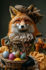 A fox in historical costume holds a basket of colorful eggs, happy easter day