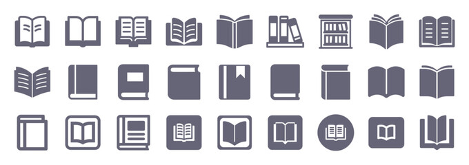 Books, reading silhouette flat icons. Vector glyph pictogram included icon as open novel, book shelf, library, diary, textbook bookmark illustration for bookstore.
