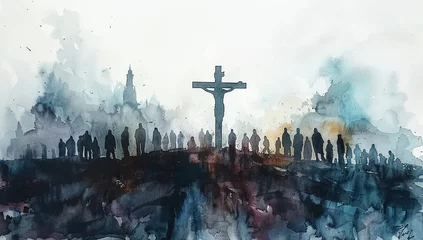 Fotobehang crucifixion of jesus in watercolor illustration © Doni_Art