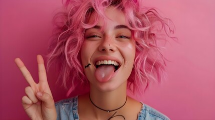A young woman with pink hair sticking out her tongue making peace gestures and laughing. Concept Playful Poses, Colorful Props, Joyful Portraits