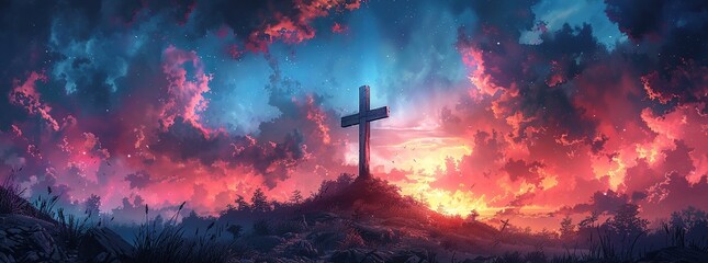 wooden cross of jesus on mountain top with sunset - obrazy, fototapety, plakaty