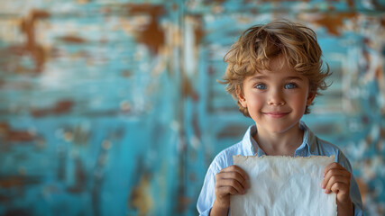 Cute child with curly hair gives a cheerful grin while holding a vintage-style aged paper in an urban setting