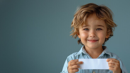 Smiling young boy with curly hair holding up a blank white card against a plain blue background for text or advertising