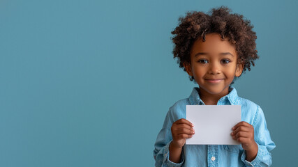 Cheerful young girl with curly hair presenting a blank white card with a bright smile on a plain blue background