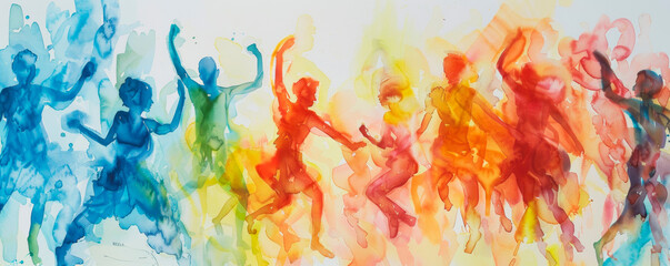 This painting depicts a lively scene where a group of people are dancing together. The figures are shown in various poses and movements, expressing joy and rhythm. Banner. Copy space - obrazy, fototapety, plakaty