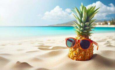 pineapple wearing sunglasses In the sand beach