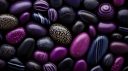 Obraz na płótnie Canvas Top view, banner, where purple and black pebbles of different shapes and textures are harmoniously combined, creating a beautiful marine pattern that fascinates with its naturalness and aesthetics.