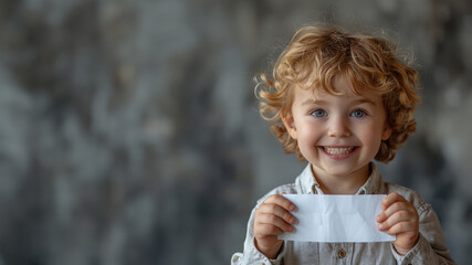 A young, curly-haired child in a light shirt smiles while holding a paper piece with a neutral background