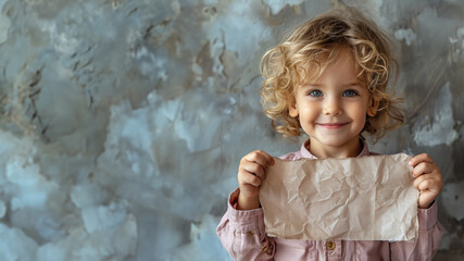 A child with bright blue eyes and curly locks expresses joy while holding a crumpled paper