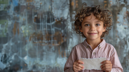 A child with curly hair and a playful expression holds a piece of paper in a studio with an abstract backdrop