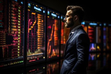 Stock Market charts on a futuristic screen, Stock market trading floor. Trader, broker look at the screen on stock market graphs of abstract index - obrazy, fototapety, plakaty