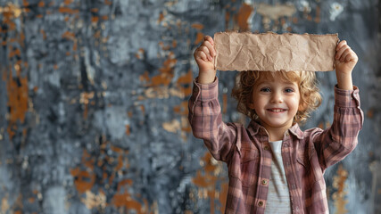 A joyful curly-haired child holding up a torn piece of cardboard with a textured background