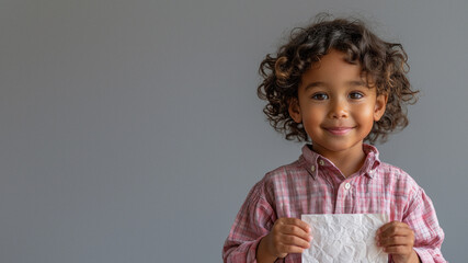 A young child with a warm smile and curly hair is photographed holding textured paper