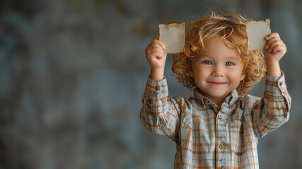 An adorable child grins while holding up two pieces of parchment paper in front of a grunge wall