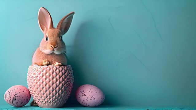 Easter bunny rabbit with pink painted egg on blue background. Easter holiday concept.