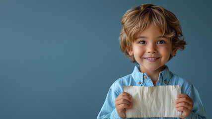 A smiling boy holding a textured piece of paper with a plain blue background for space for text