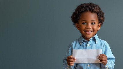 A cheerful young boy in a blue shirt smiling, holding up a blank white card against a grey background