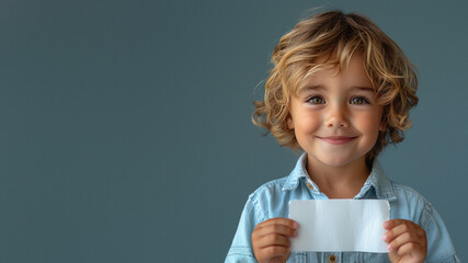 Smiling child with tousled blond hair in a denim shirt presenting a white card, against a neutral background