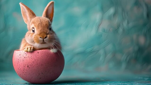 Easter bunny rabbit with pink painted egg on blue background. Easter holiday concept.